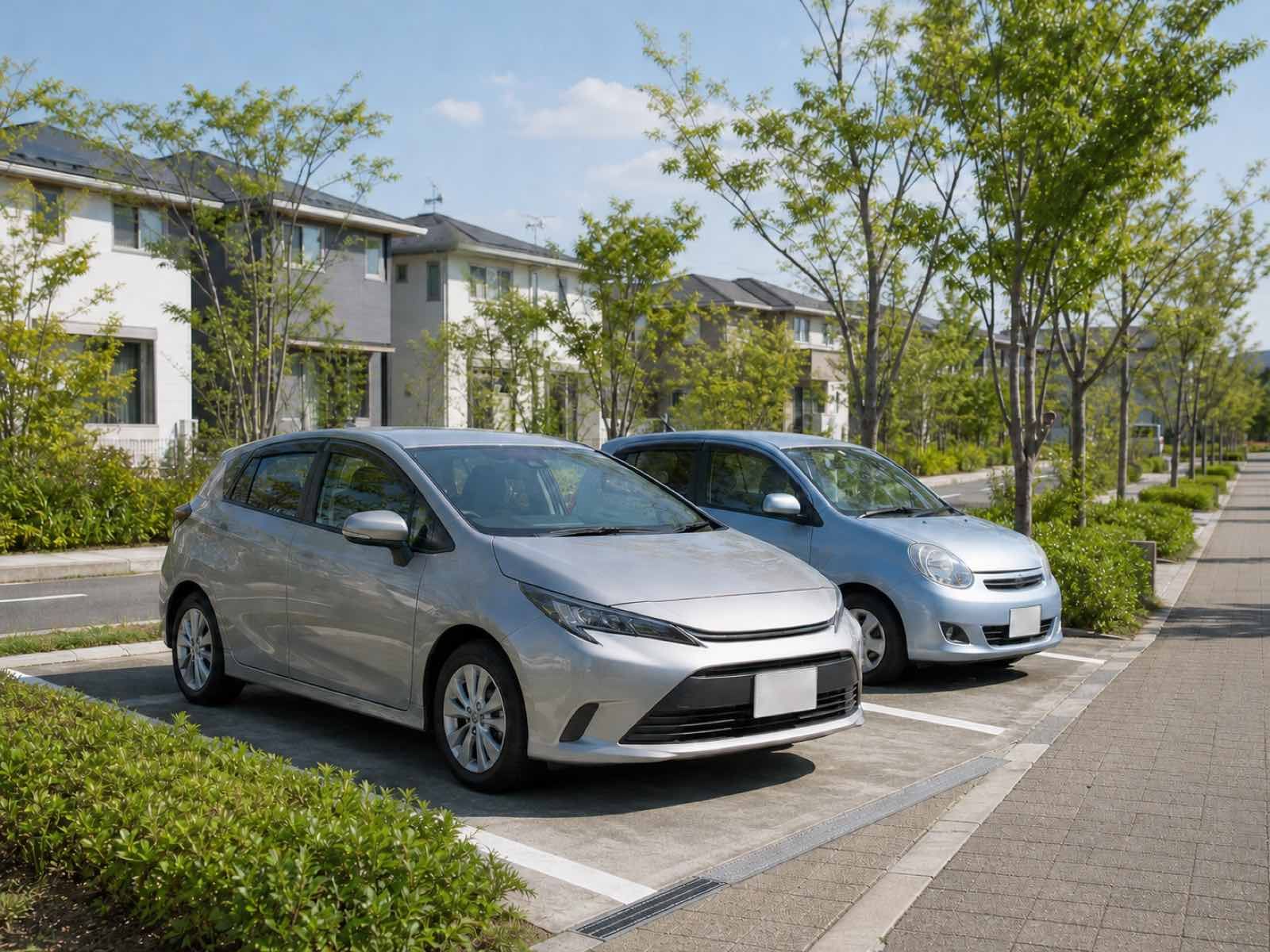 並木道に停まるコンパクトカー