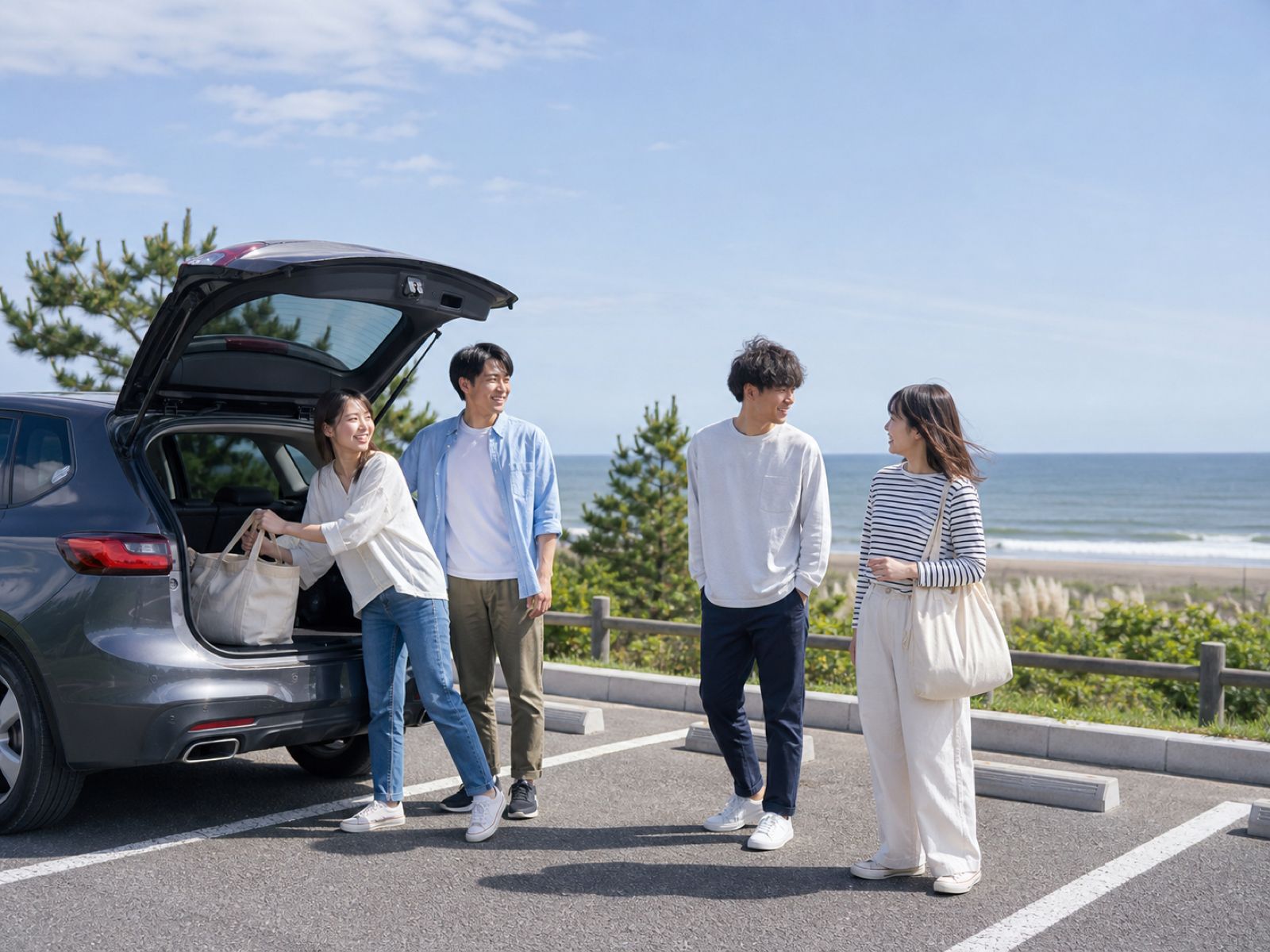 仲間と海へドライブに出かける様子